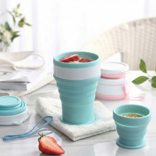 レンジ煮沸用折りたたみカップ(フタ付きシリコンカップ)