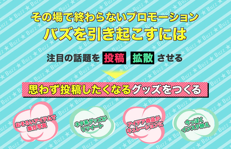 その場で終わらないプロモーションであるバズを引き起こすには、注目の話題を投稿、拡散させる。思わず投稿したくなるグッズをつくる。