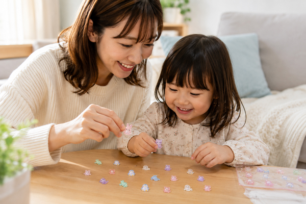 親子でドロップシールを楽しむ様子
